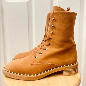 Stuart Weitzman tan suede combat boots with studded pearls